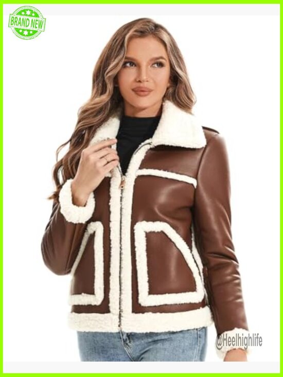 Faux Fur Lined Leather Moto Jacket Women's Winter Coat Sherpa Lined - Picture 2 of 7